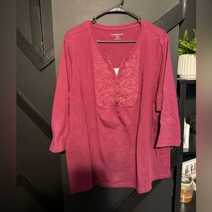 Croft & Barrow Burgundy V-Neck Blouse Embroidered Detail 3/4 Sleeves Size 2X